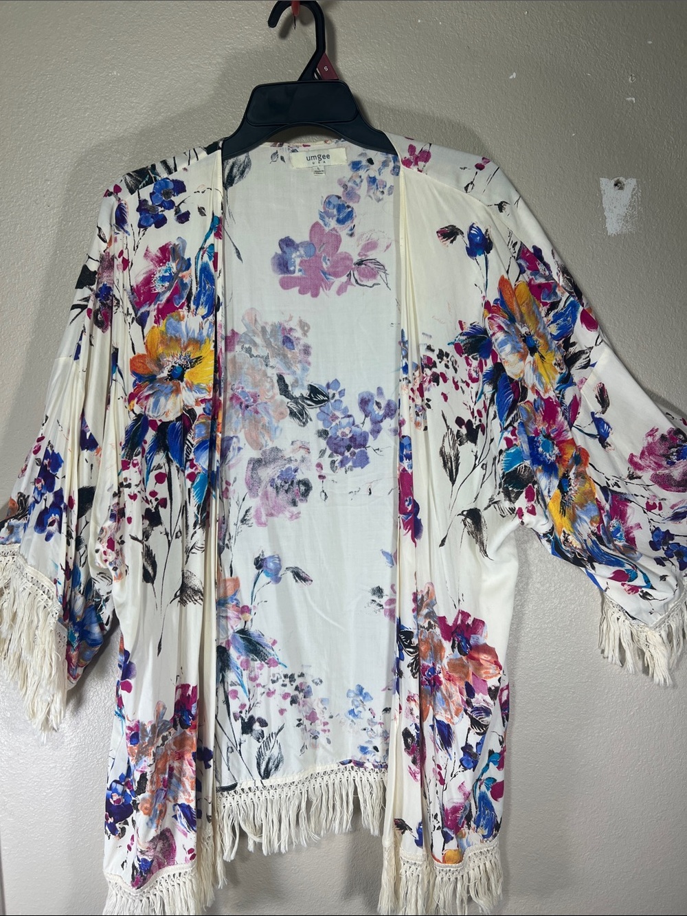Umgee Cream Floral Fringe Kimono Jacket